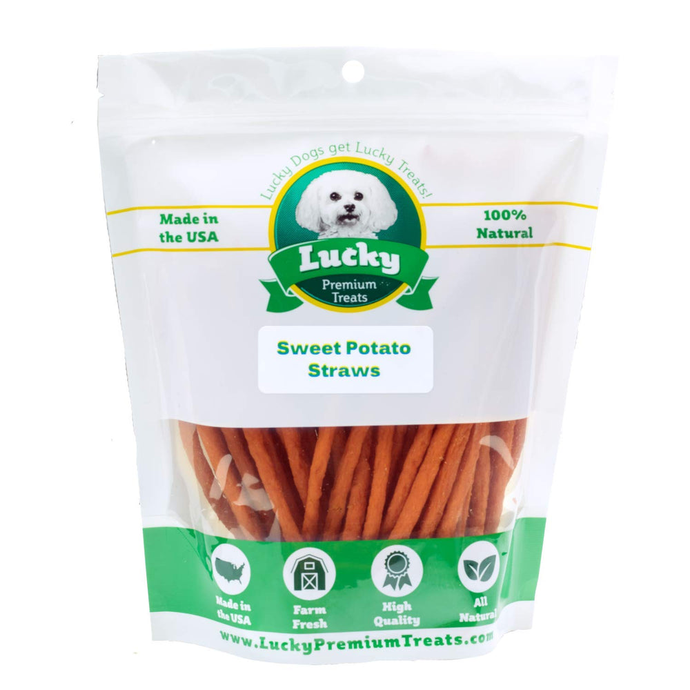 Lucky Premium Treats sweet potato straws packaging shows all-natural ingredients