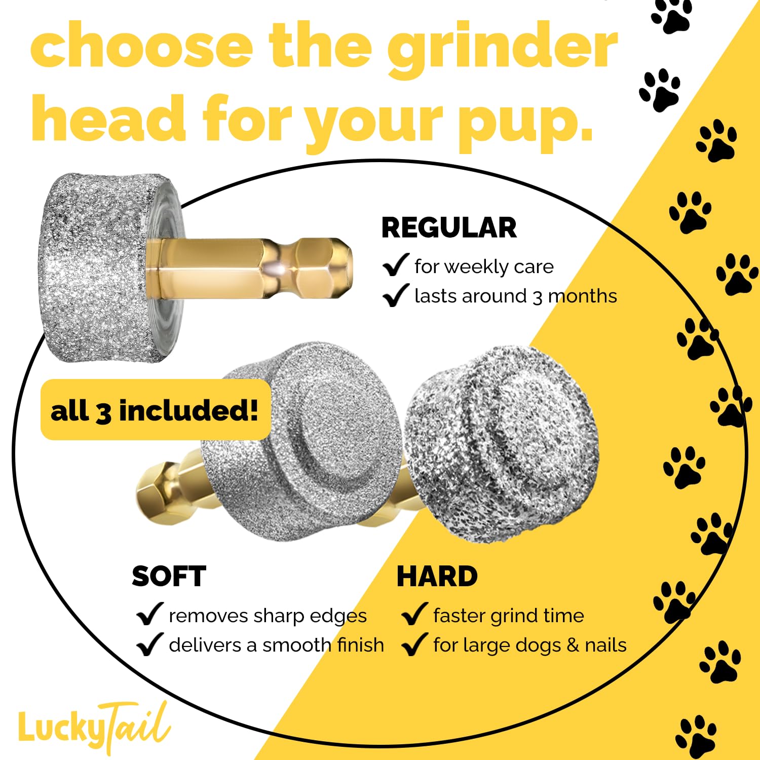 LUCKY TAIL dog nail grinder hard head for thick nails and faster results.