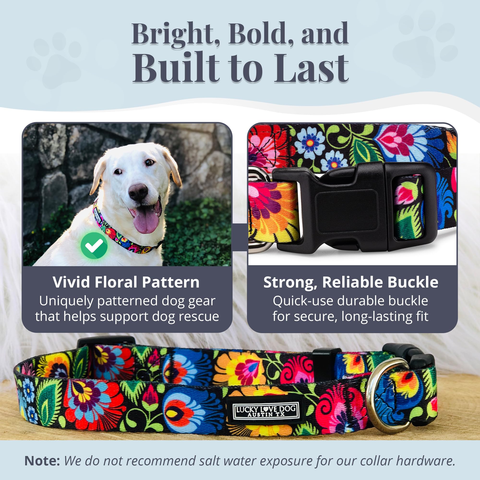 Lucky Love Dog floral-pattern collar with durable webbing for daily wear and style.