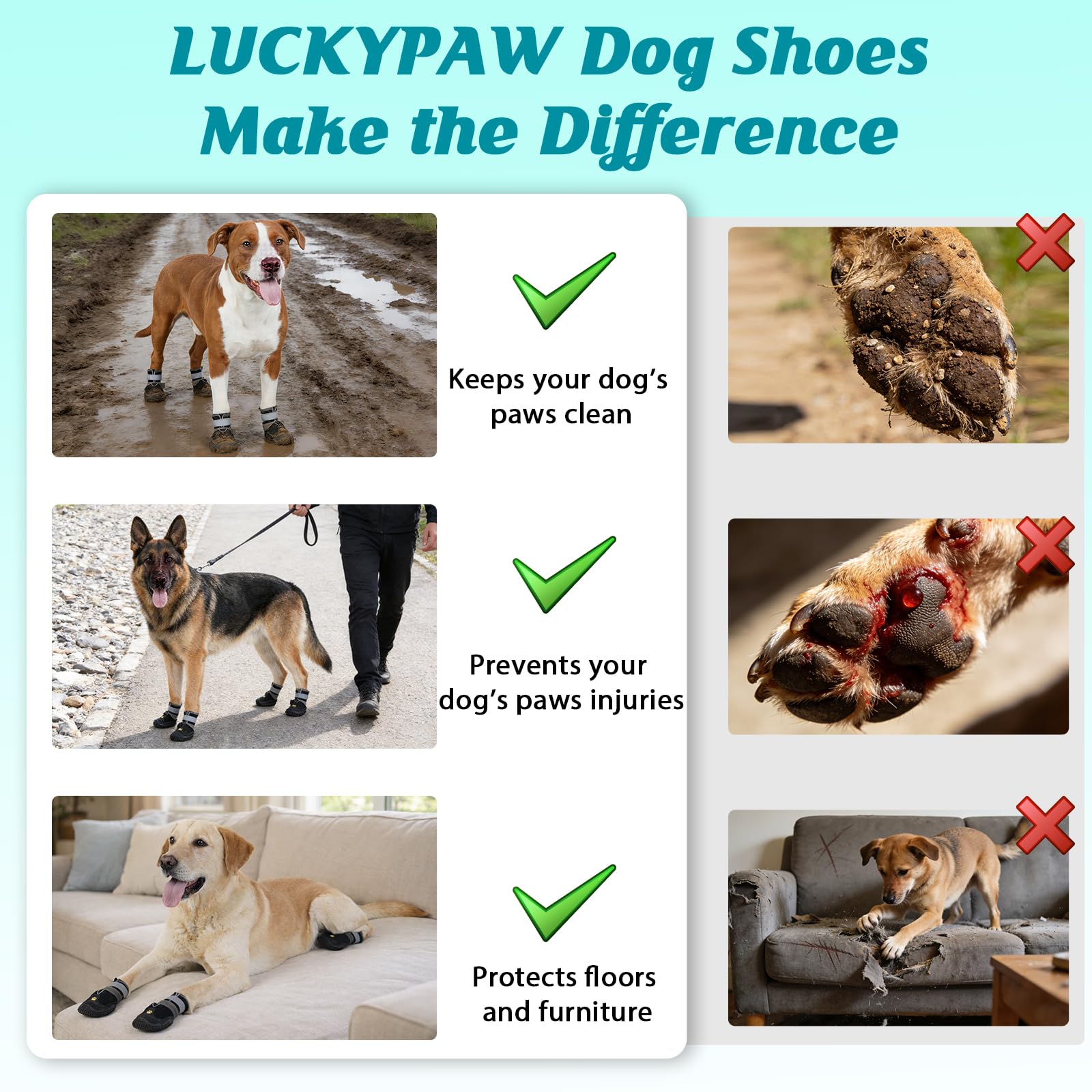 LUCKYPAW anti-slip rubber soles provide reliable grip on wet or slick surfaces.