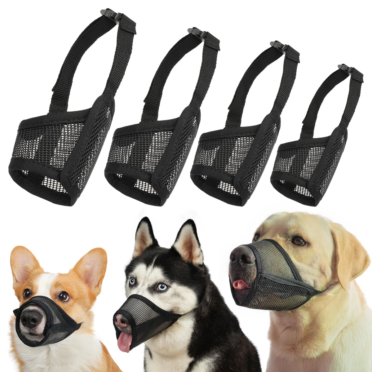 LUCKYPAW dog muzzle set packaging showing four-piece kit for multi-dog grooming readiness