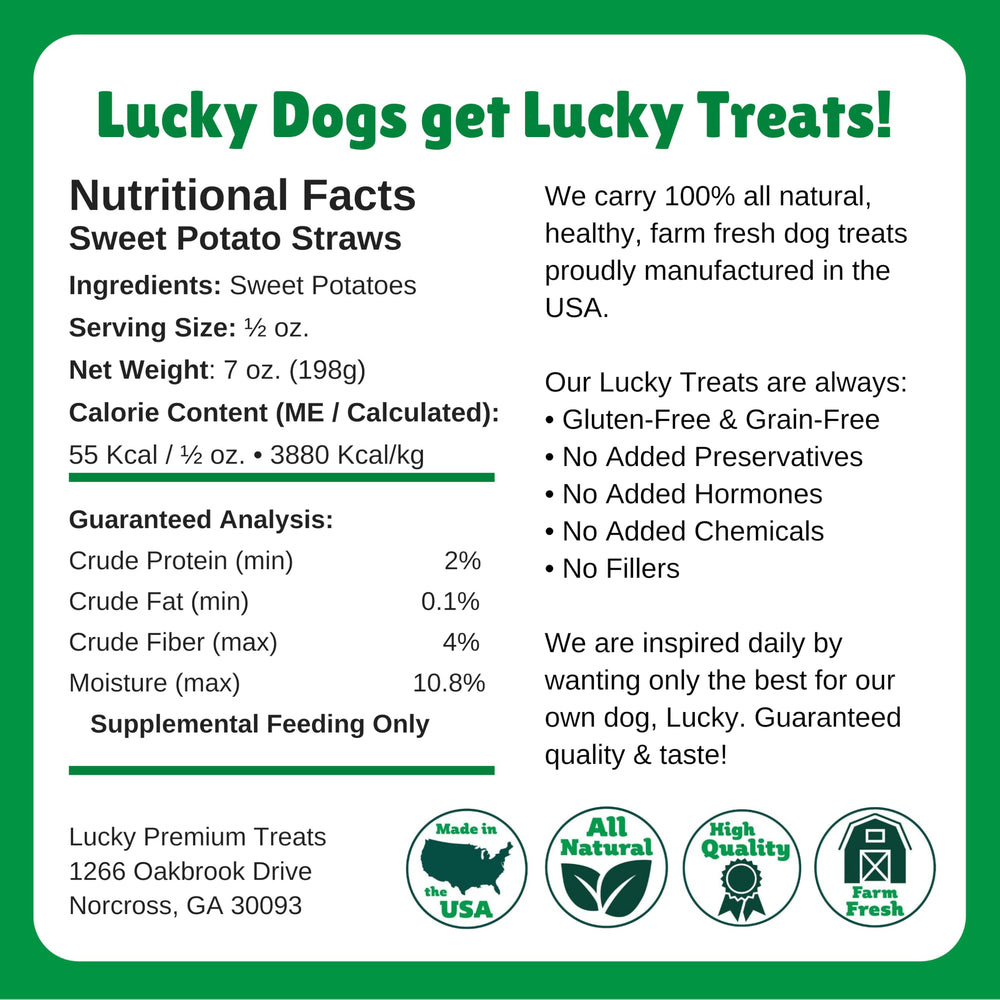 Lucky Premium Treats Sweet Potato Straws shareable pack highlights multi-dog use.