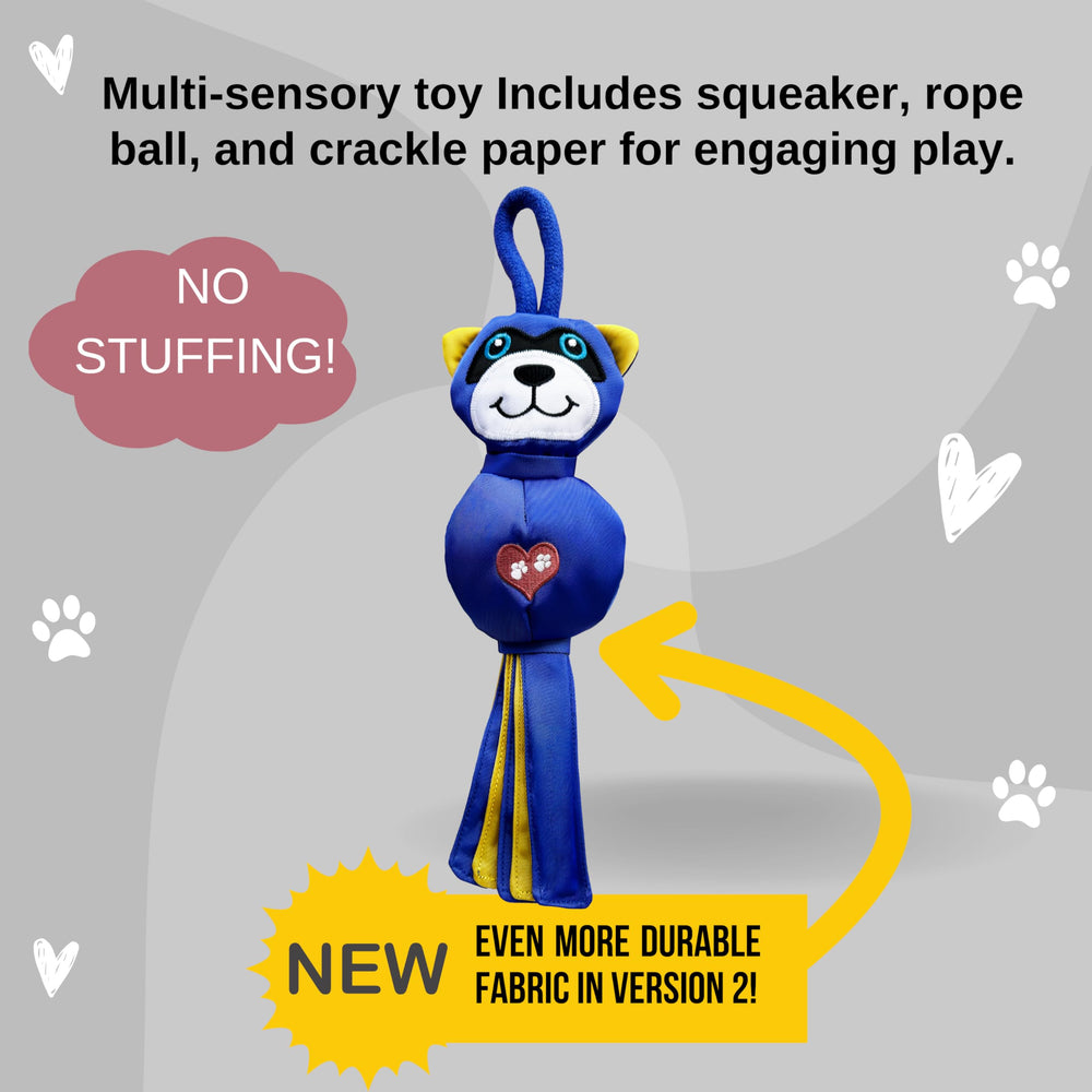 LUCOLOVE raccoon teaser with rope ball for varied sensory stimulation during tug sessions.