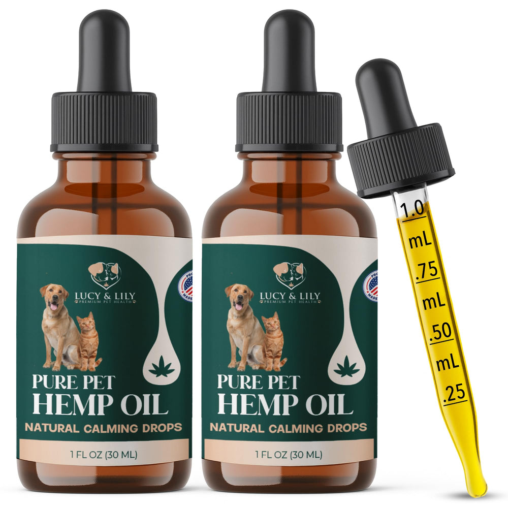 Lucy and Lily Pure Pet Hemp Oil bottle calms anxious pets