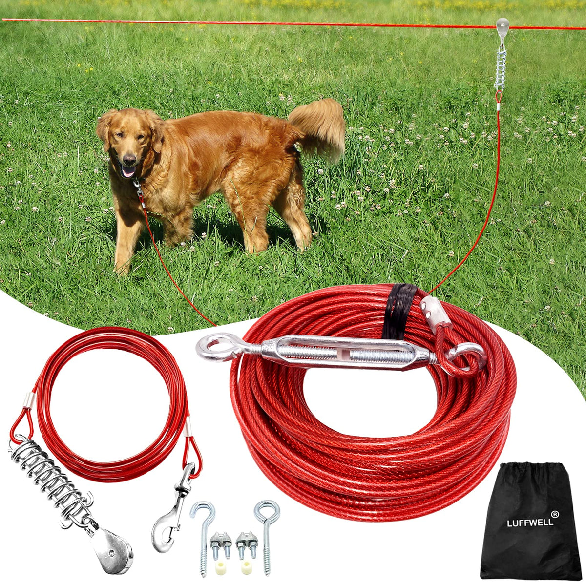 LUFFWELL dog runner with 100ft main cable enabling safe, spacious yard roaming