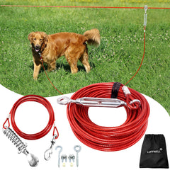 LUFFWELL dog runner with 100ft main cable enabling safe, spacious yard roaming