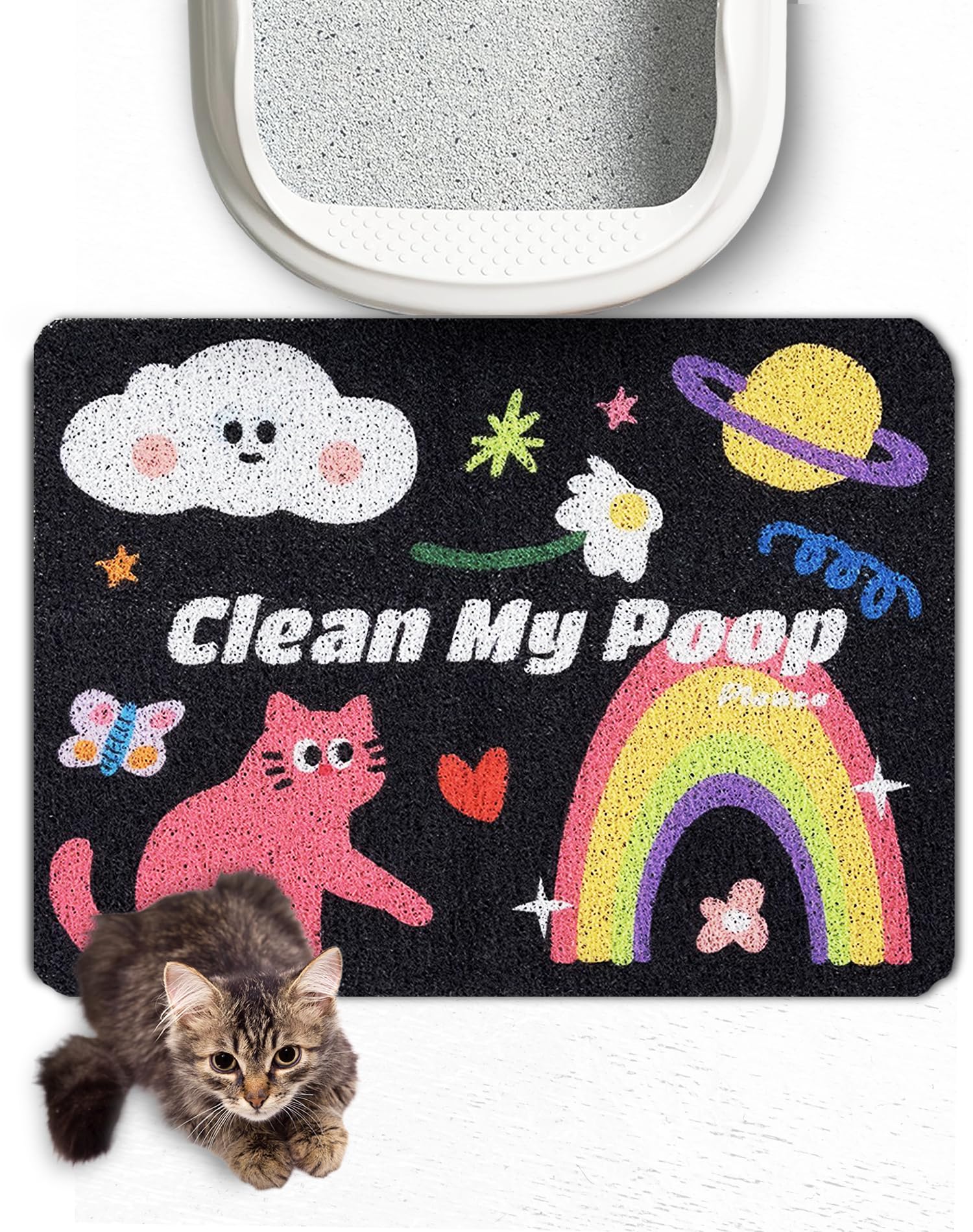 Lukamoo Cute Cat Litter Mat 24x16 front view reduces tracked litter.