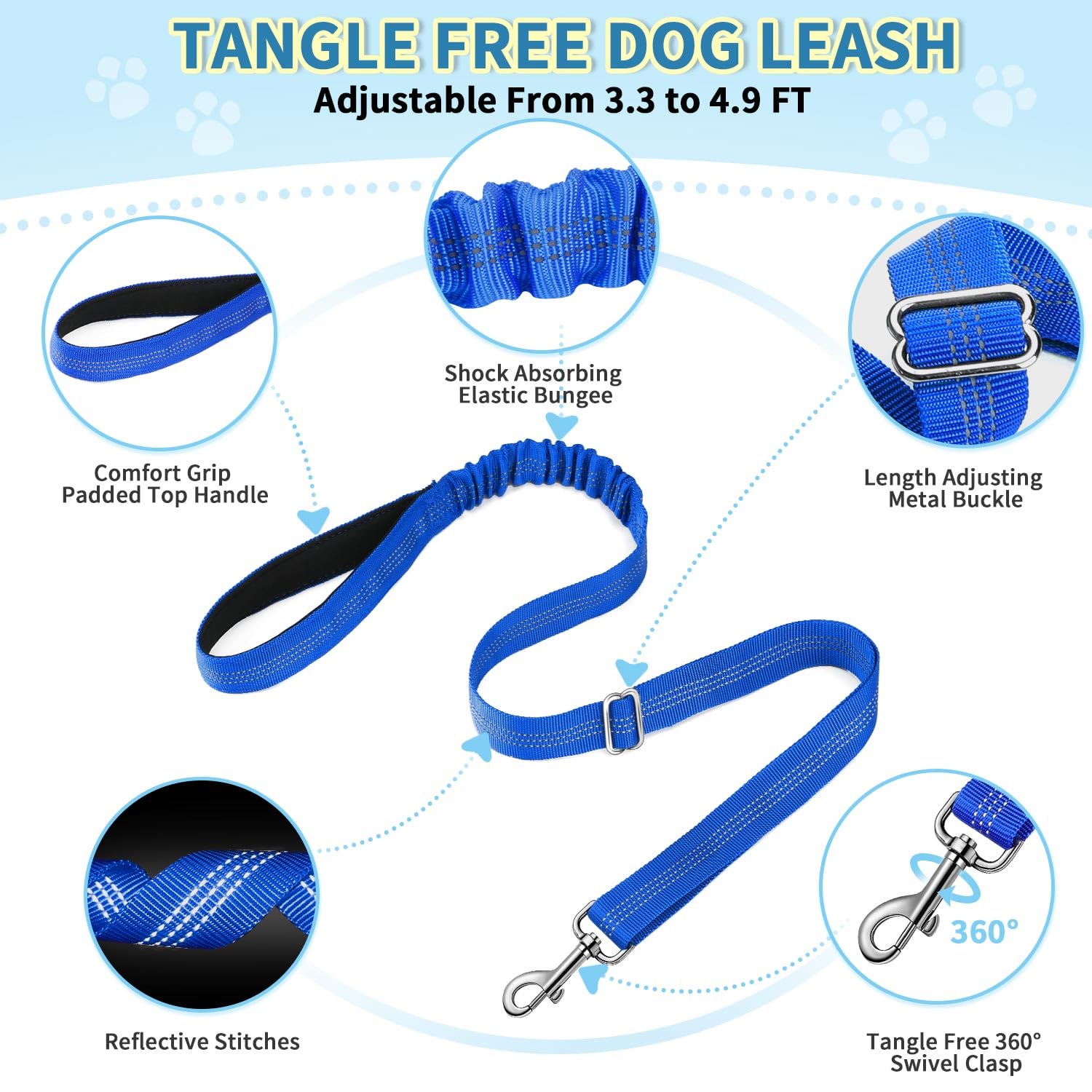Lukovee 4ft bungee leash blue reduces pulling shocks for smooth training