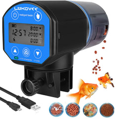 Lukovee automatic fish feeder shows precise time for scheduled feedings.