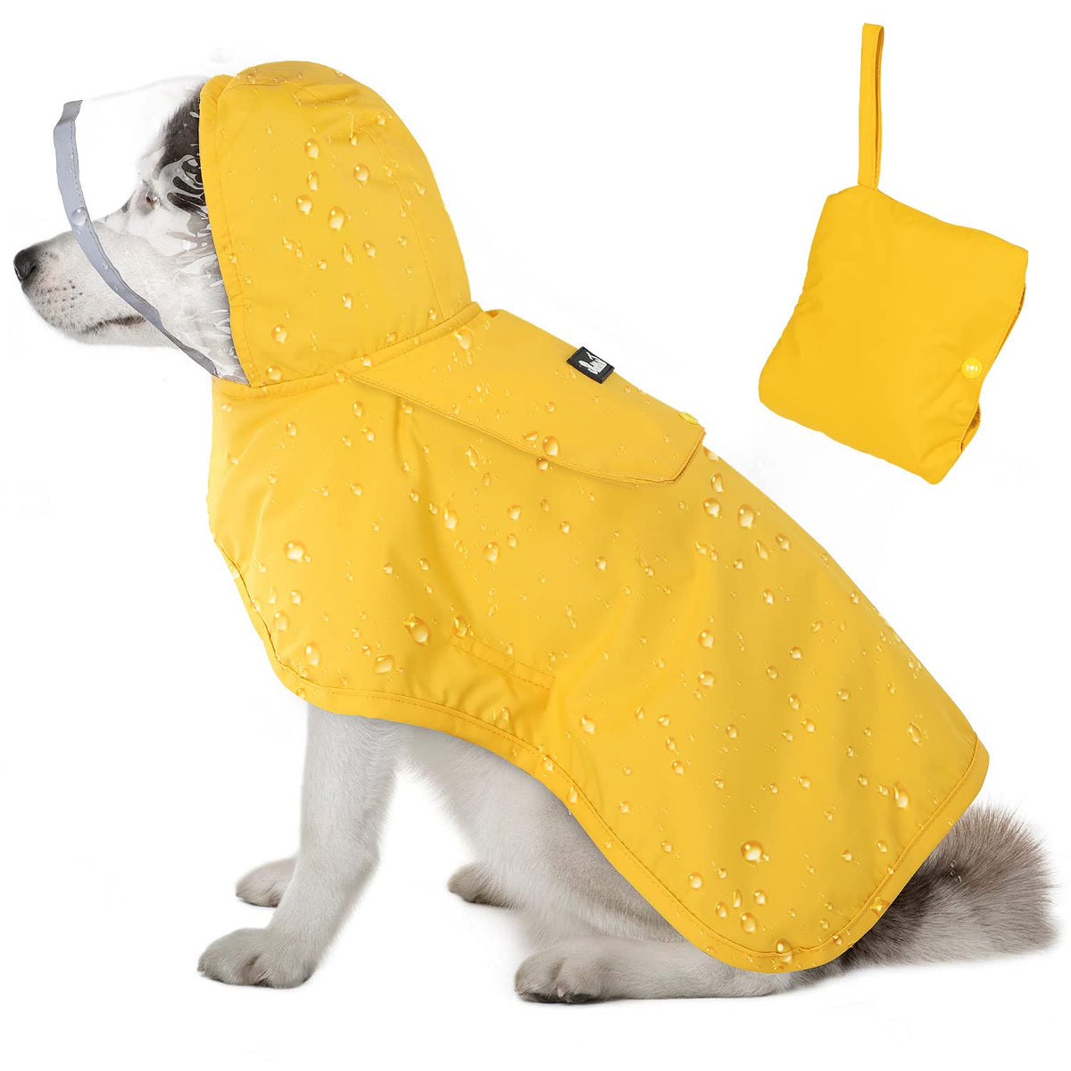 Lukovee dog raincoat waterproof yellow, front view, keeps your pet dry during walks.