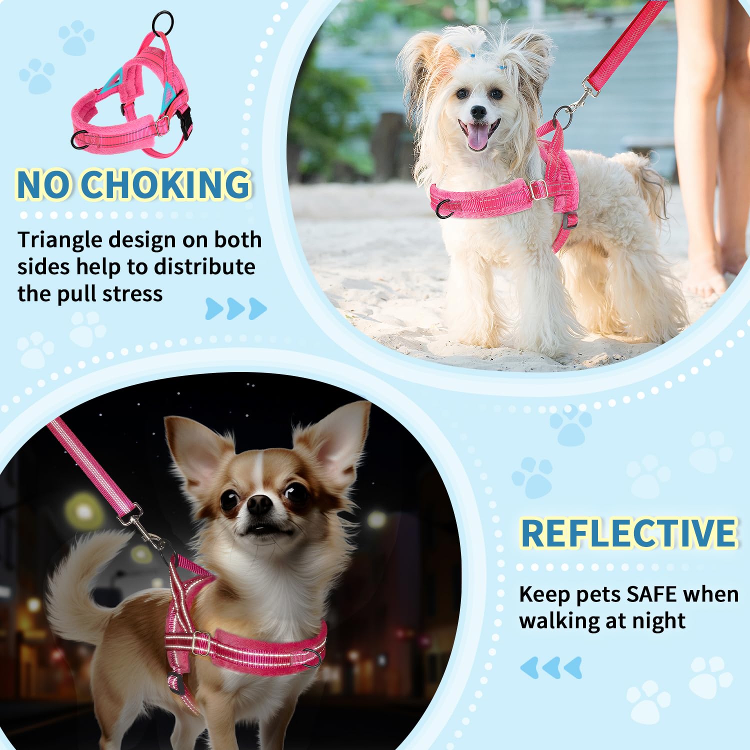 Lukovee head-through design pink harness easy-on for quick leash starts.