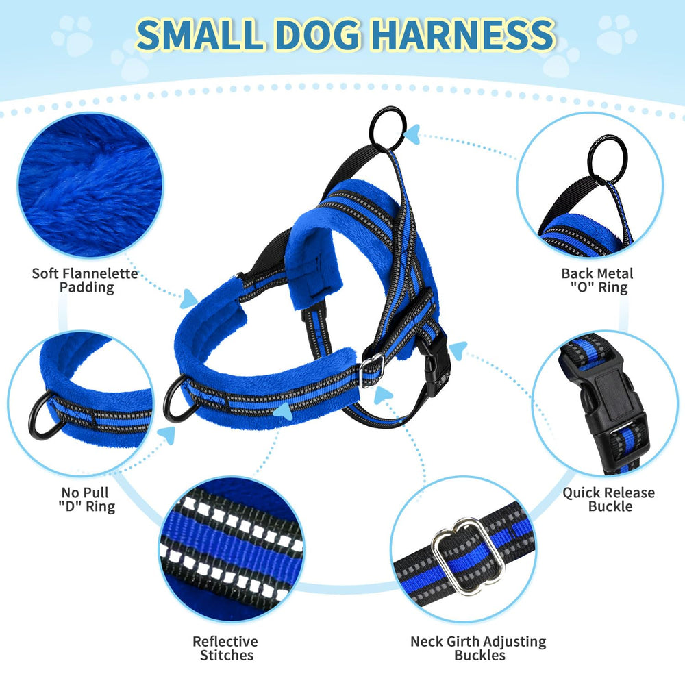 Blue Lukovee no-pull harness back view shows adjustable straps.