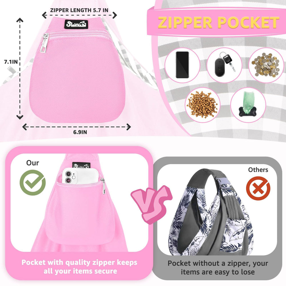 Lukovee Pet Sling front pocket for treats, keys, and phone during walks.