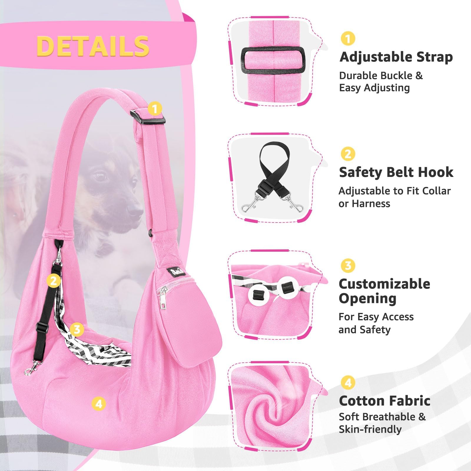 Lukovee Pet Sling safety hook and two-buttons secure opening for small pets.