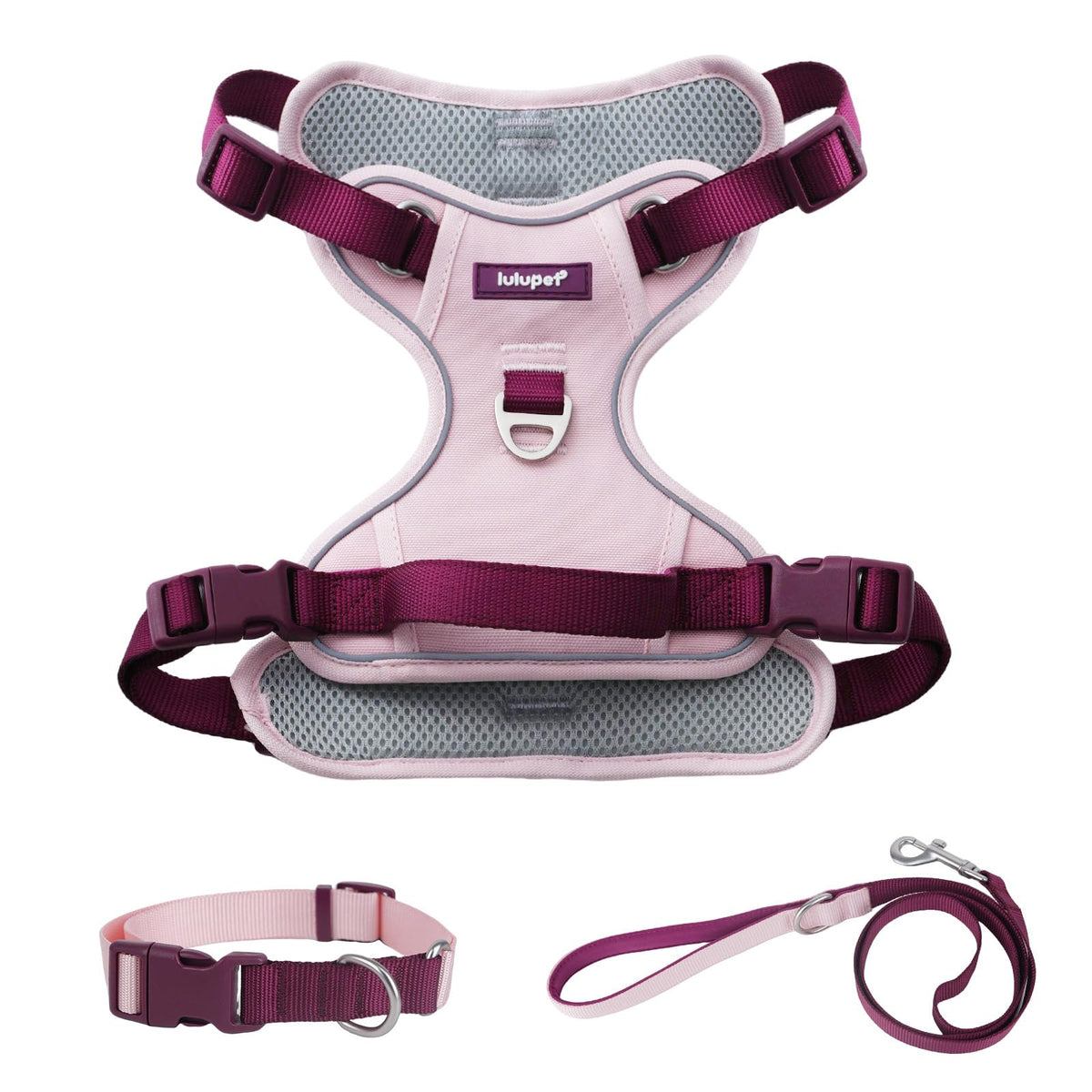 LULUPET pink dog harness back view with a control handle for quick restraint