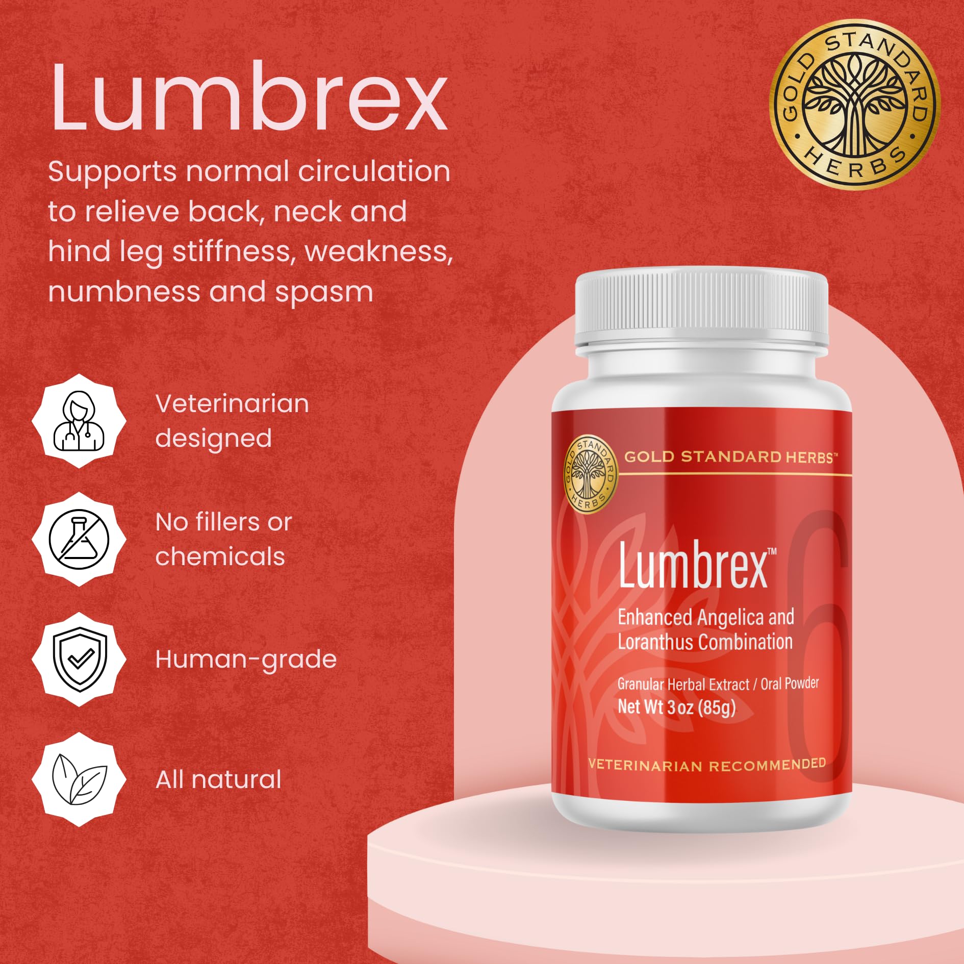 Lumbrex dog powder scoop shows simple daily dosing for easier mobility.