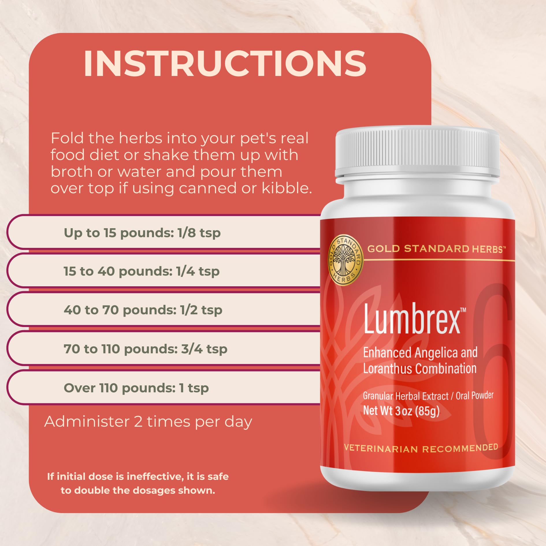 Lumbrex packaging 85g white label seen beside a dog in a calm moment.