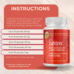 Lumbrex packaging 85g white label seen beside a dog in a calm moment.