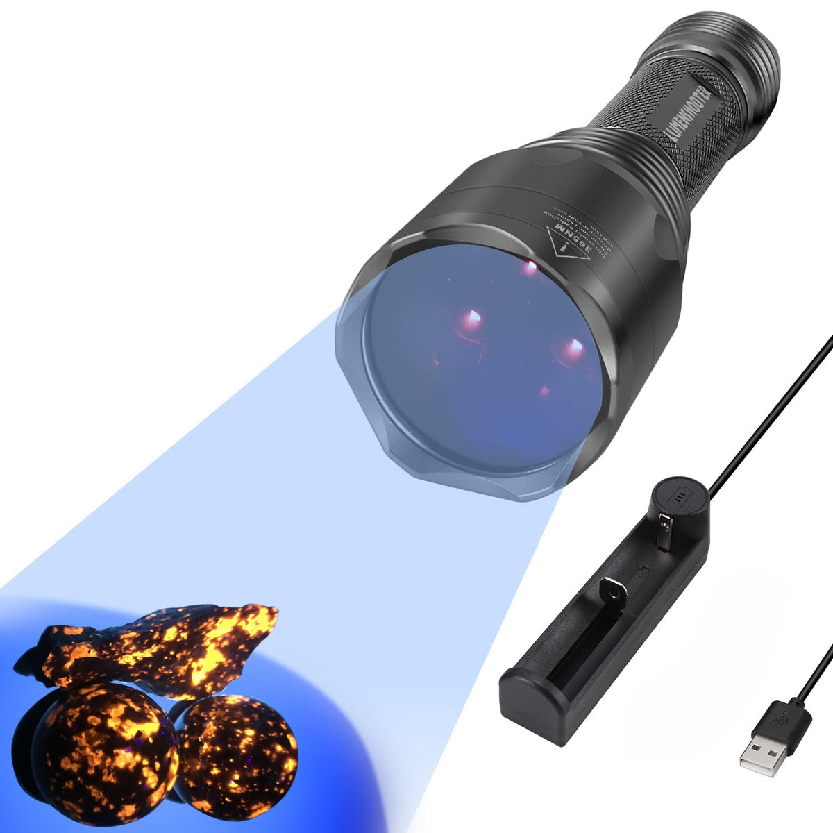 LUMENSHOOTER S3 365nm UV flashlight highlights fluorescence with three LEDs for clear visibility.