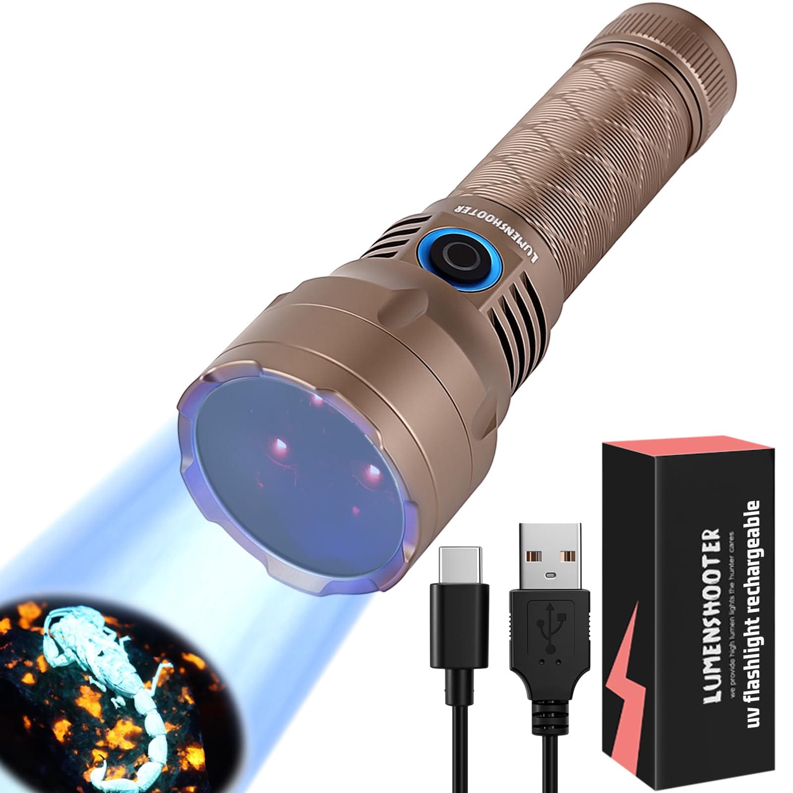 Lumenshooter S3U UV flashlight highlighting resin curing and fluorescence details