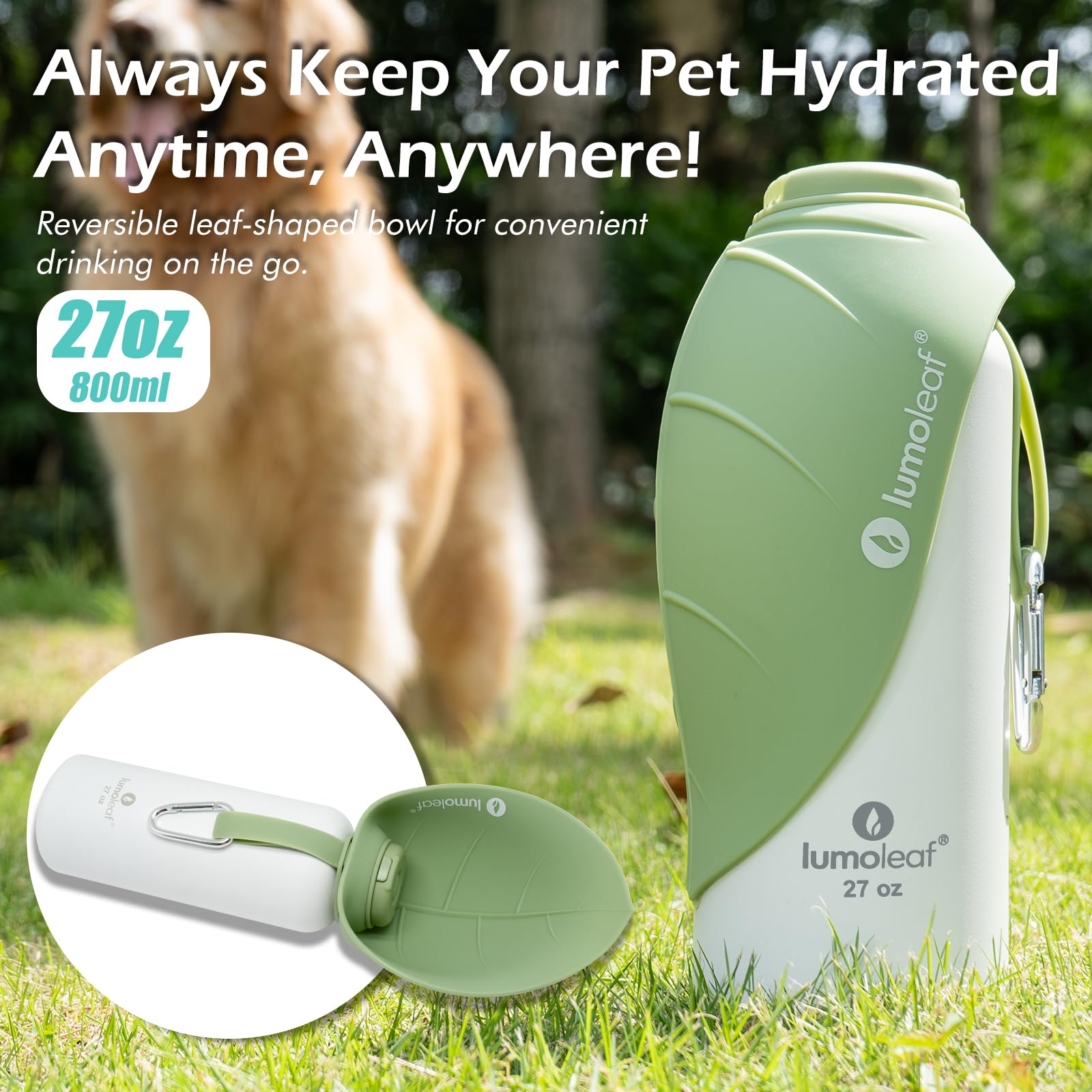 LumoLeaf bottle showing built-in bowl for easy pet drinking