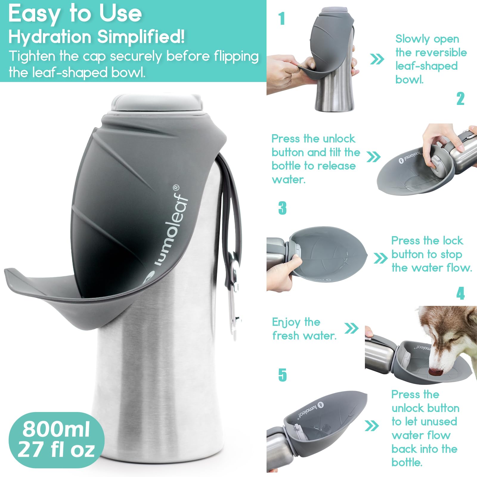 LumoLeaf stainless steel bottle body in grey for durability.