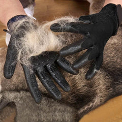 Lumova glove used for dry grooming to remove loose fur efficiently