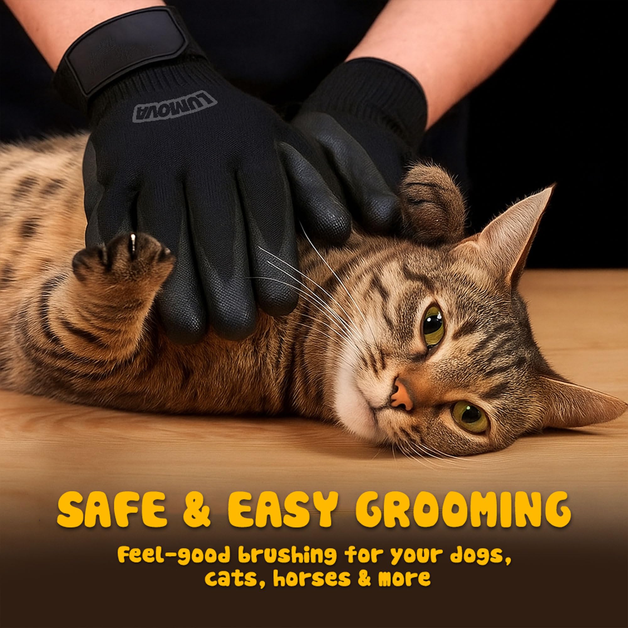 Lumova glove with non-slip grip in a grooming session