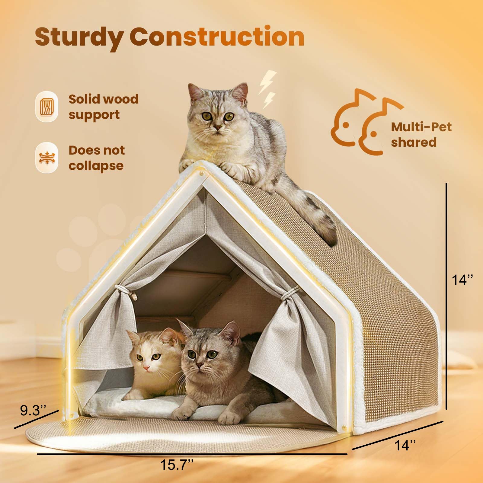 LUNNTE beige-tent-entrance shows a spacious, versatile hideaway for cats.