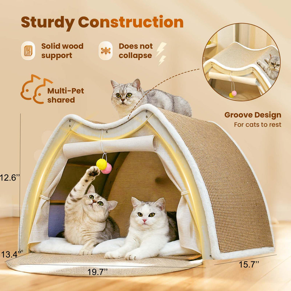 LUNNTE solid wood frame cat house with curtains creates private lounging space.