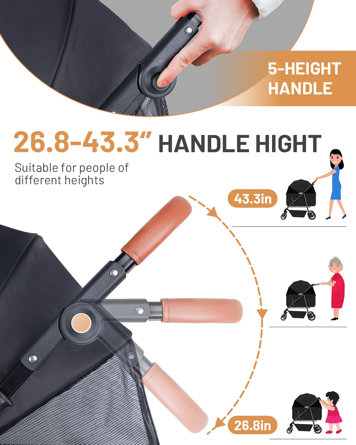 LUODIER dog stroller height-adjustable handle for comfortable grip