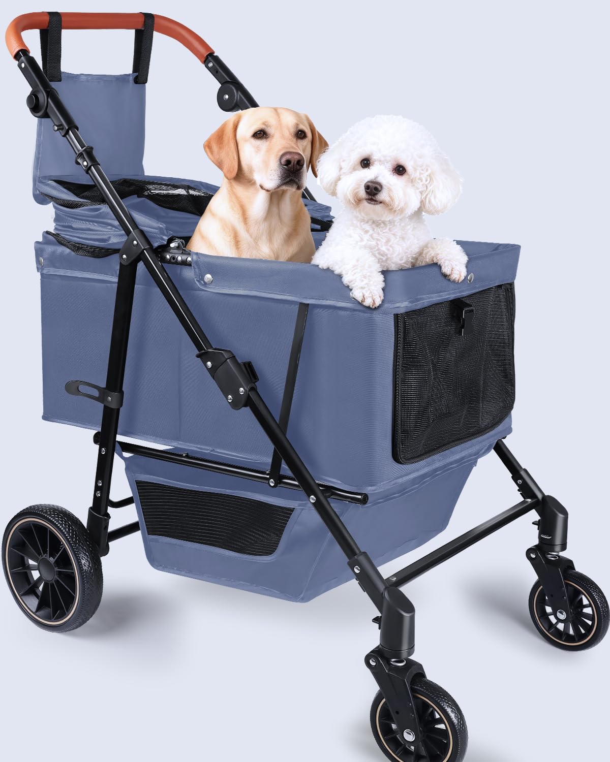 LUODIER navy blue dog stroller folded for compact storage and portability