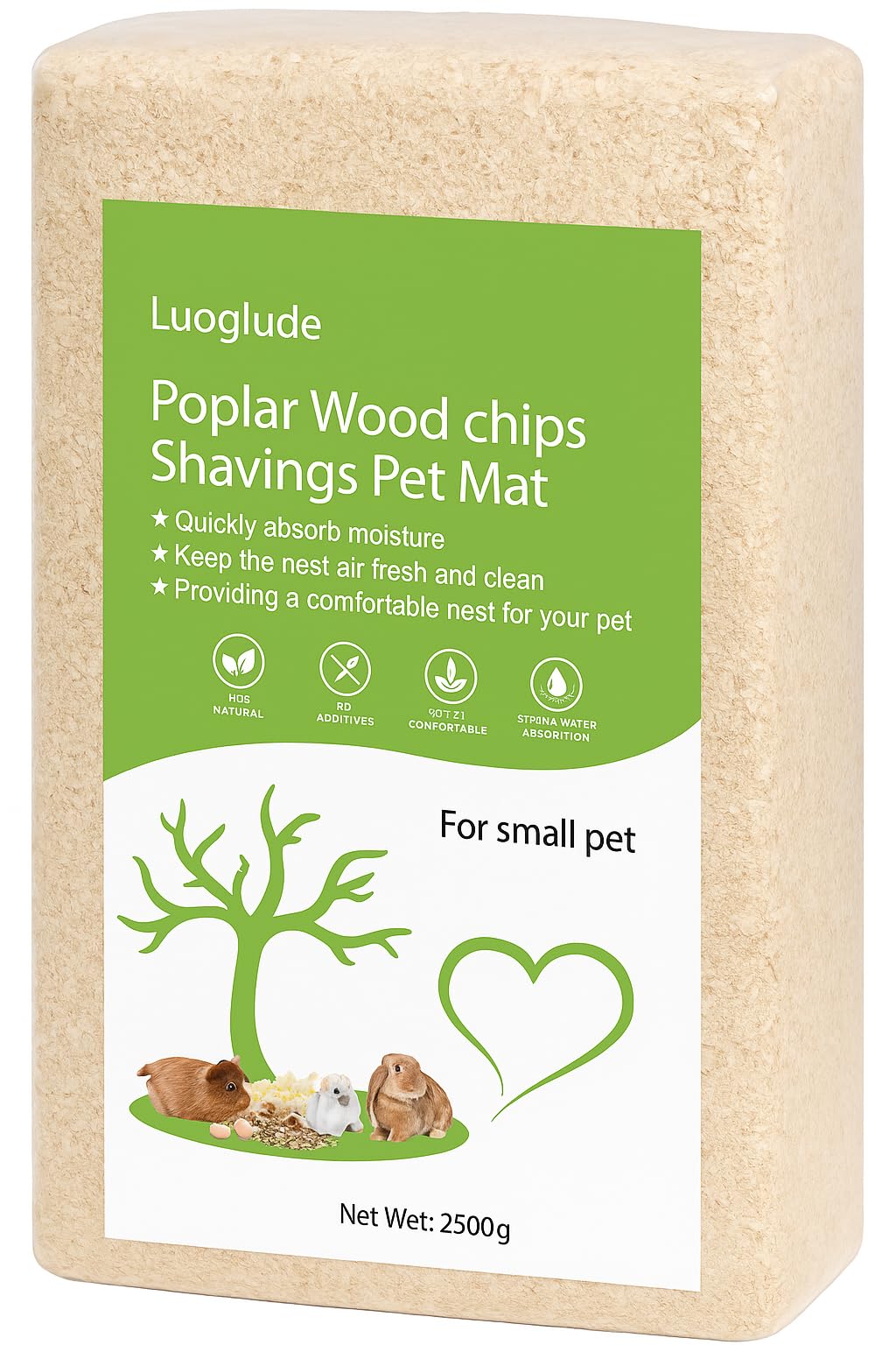 Luoglude 88oz natural aspen wood bedding in a compressed pack for easy setup.