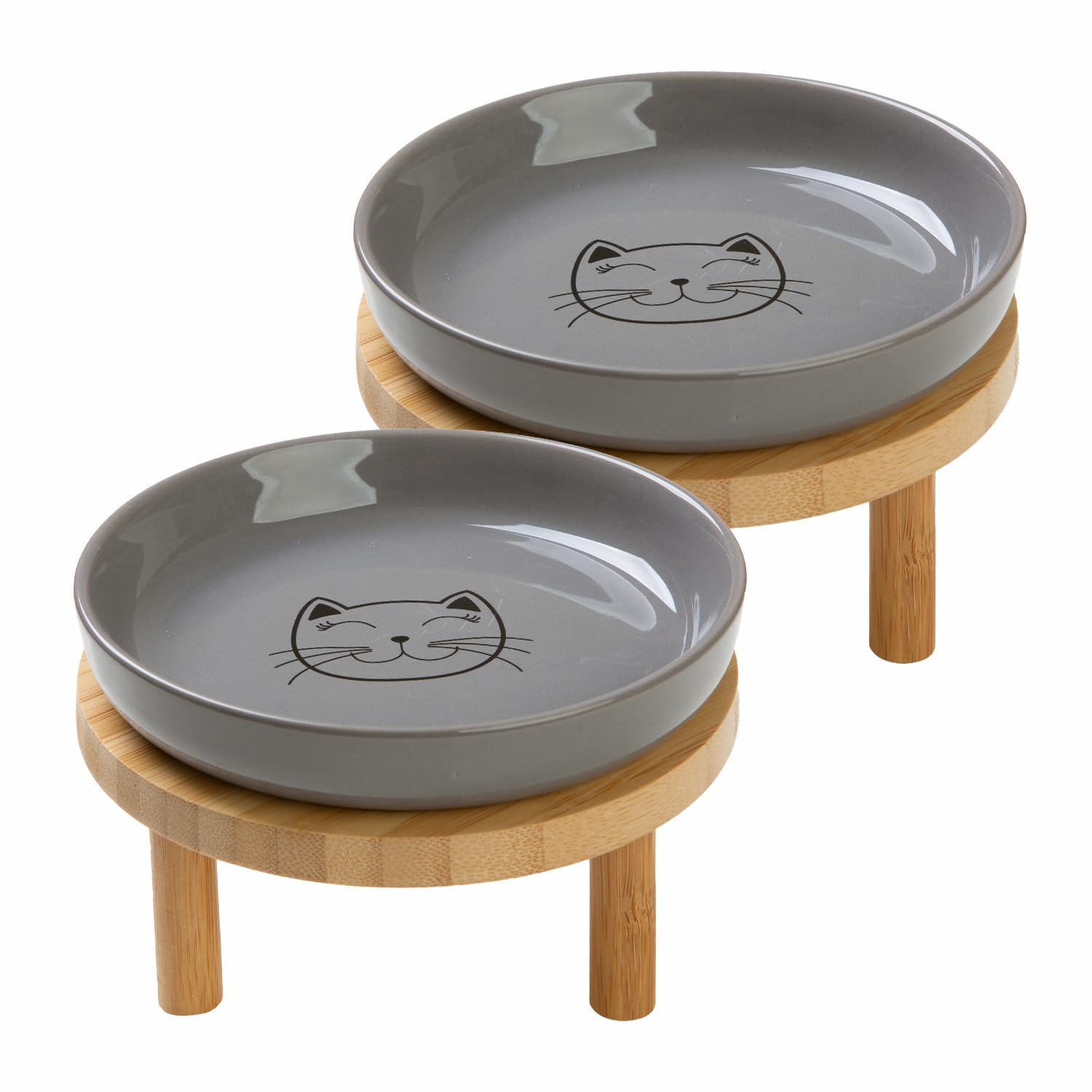 Lusifaco shallow elevated cat bowls on bamboo stand for stable mealtime.
