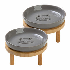 Lusifaco shallow elevated cat bowls on bamboo stand for stable mealtime.