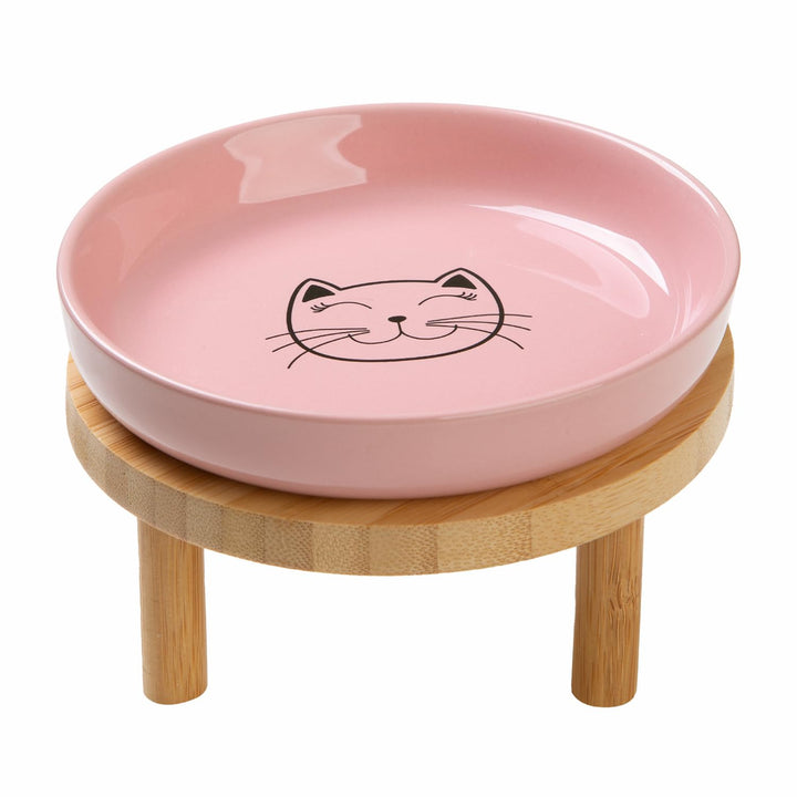 Lusifaco pink shallow elevated cat bowls on bamboo stand for whisker-friendly dining