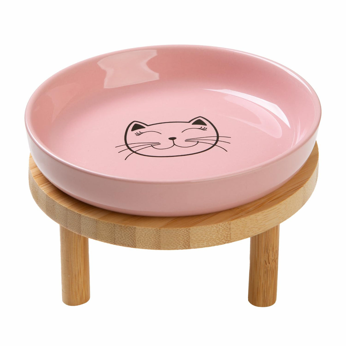 Lusifaco pink shallow elevated cat bowls on bamboo stand for whisker-friendly dining
