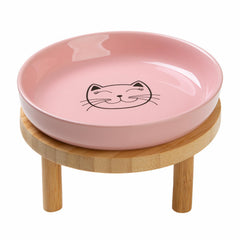 Lusifaco pink shallow elevated cat bowls on bamboo stand for whisker-friendly dining