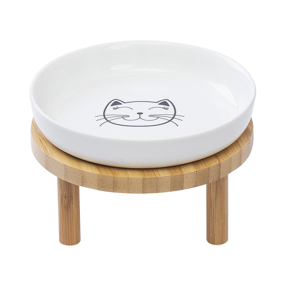 Lusifaco shallow elevated cat bowls on a bamboo stand for whisker-friendly meals