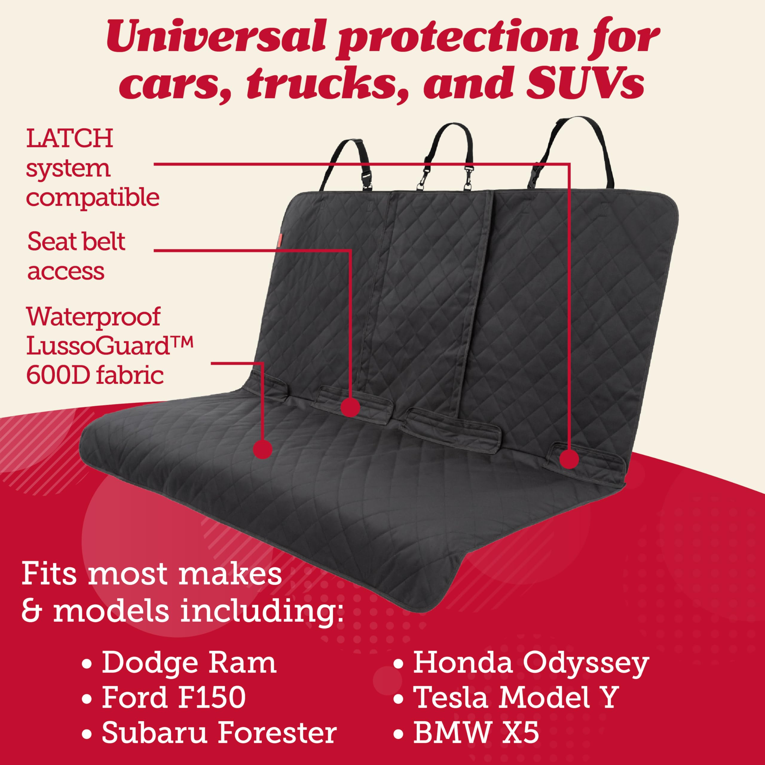 Lusso Gear dog seat cover non-slip back keeps your pup secure on bumpy rides.