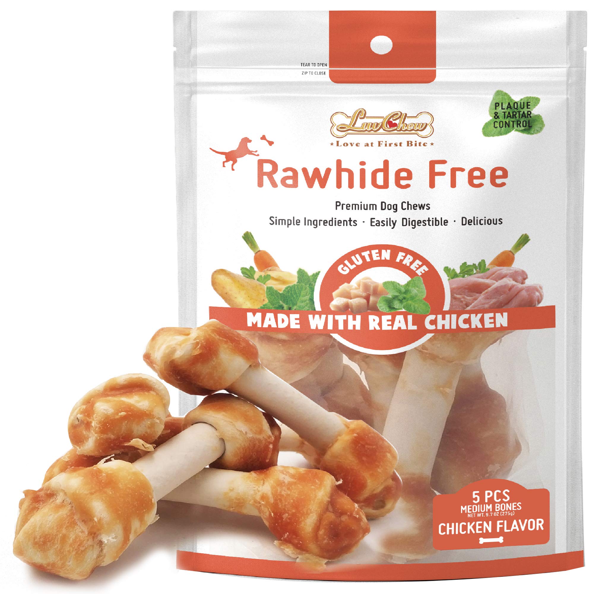 LuvChew Chicken Dog Chew Bones medium pack front view, protein-rich treat