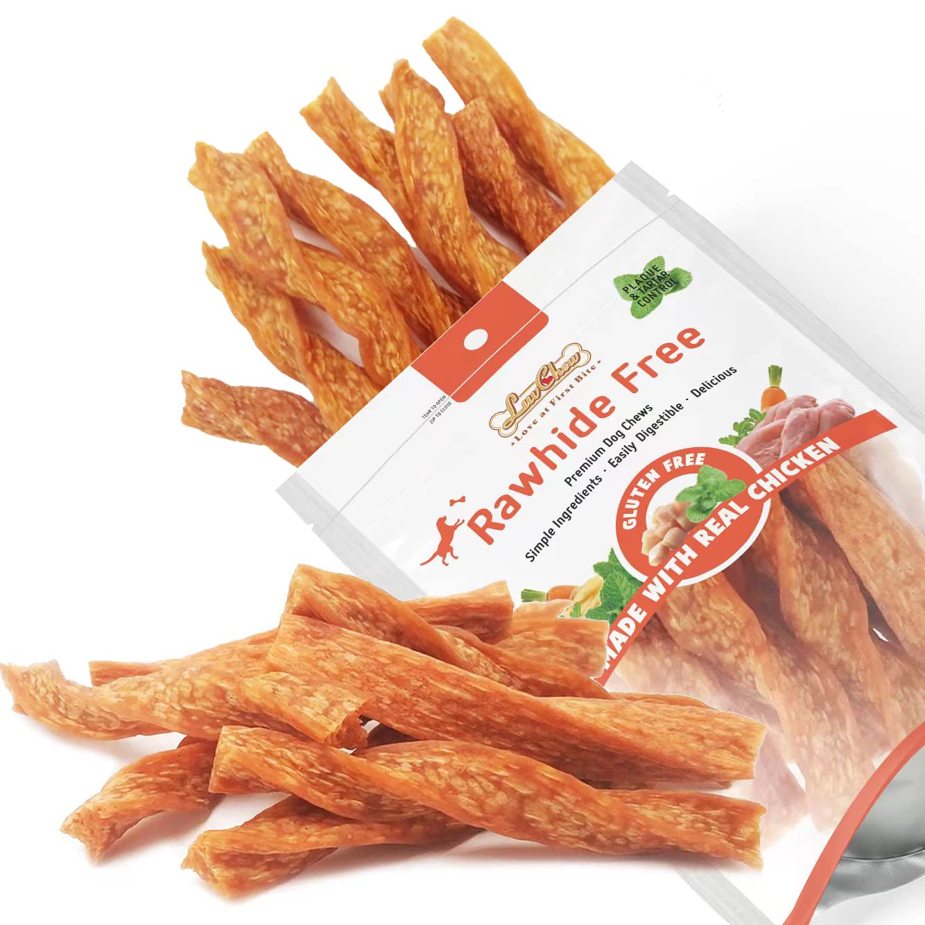 LuvChew chicken dog chew twist sticks front pack promotes tasty chewing and easy digestion.
