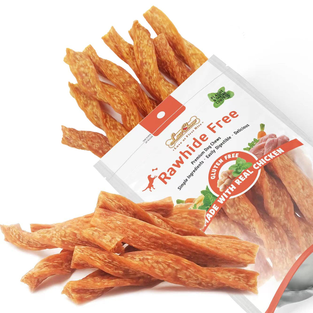 LuvChew chicken dog chew twist sticks front pack promotes tasty chewing and easy digestion.