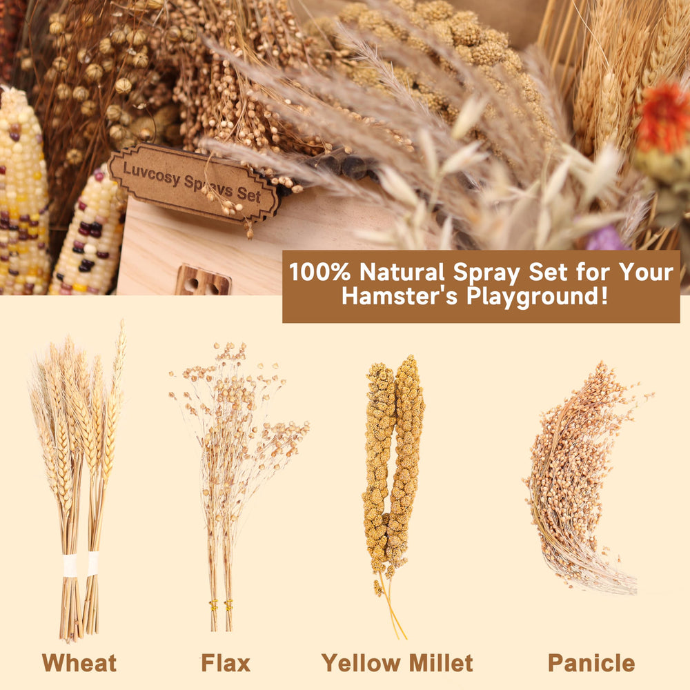 LUVCOSY hamster sprays yellow millet adds playful foraging textures.