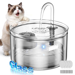 LUVMYPETT glass cat fountain close-up showing 74oz capacity for continuous hydration.