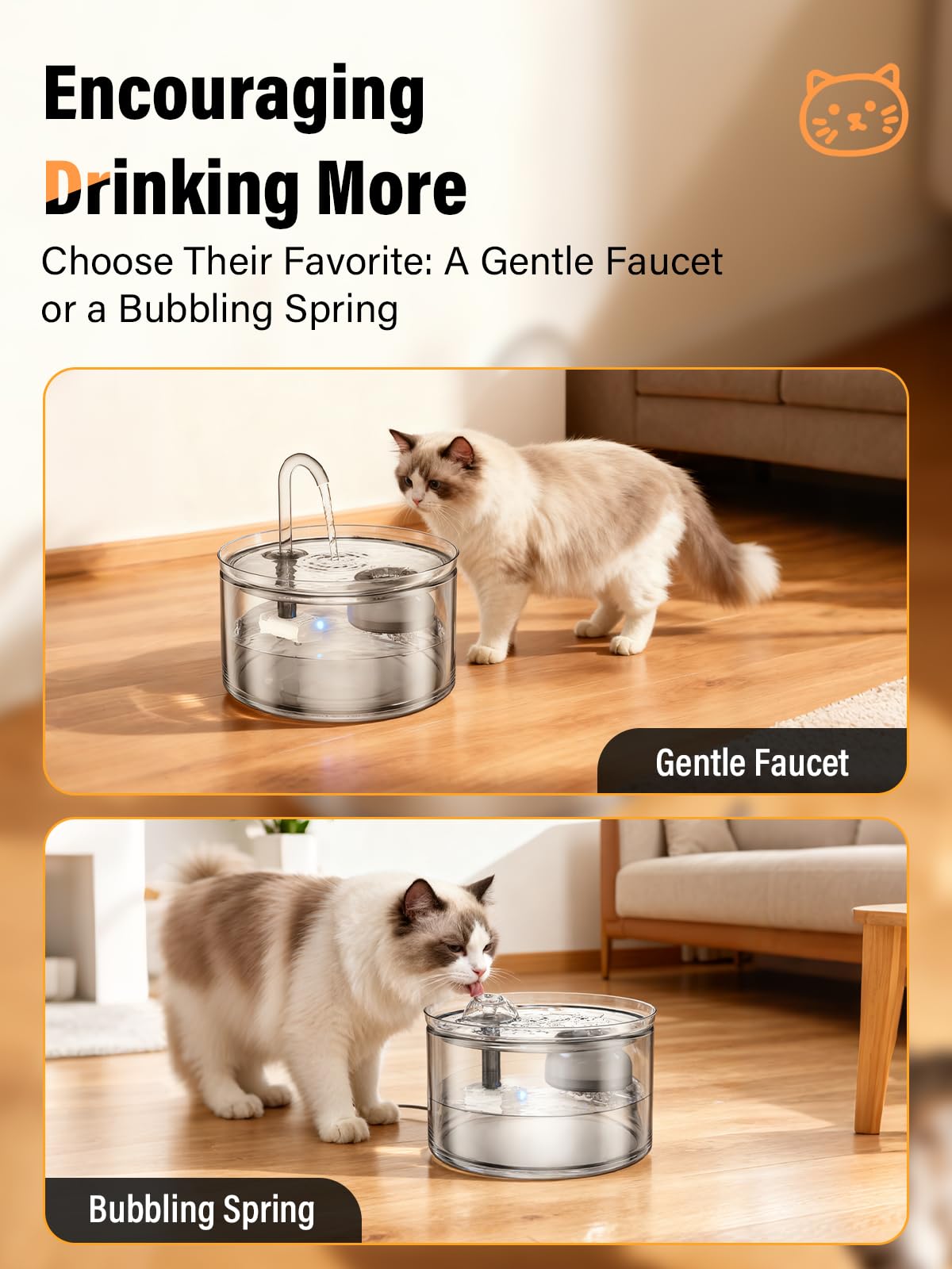 LUVMYPETT glass fountain; dishwasher-safe parts simplify cleaning and maintenance.