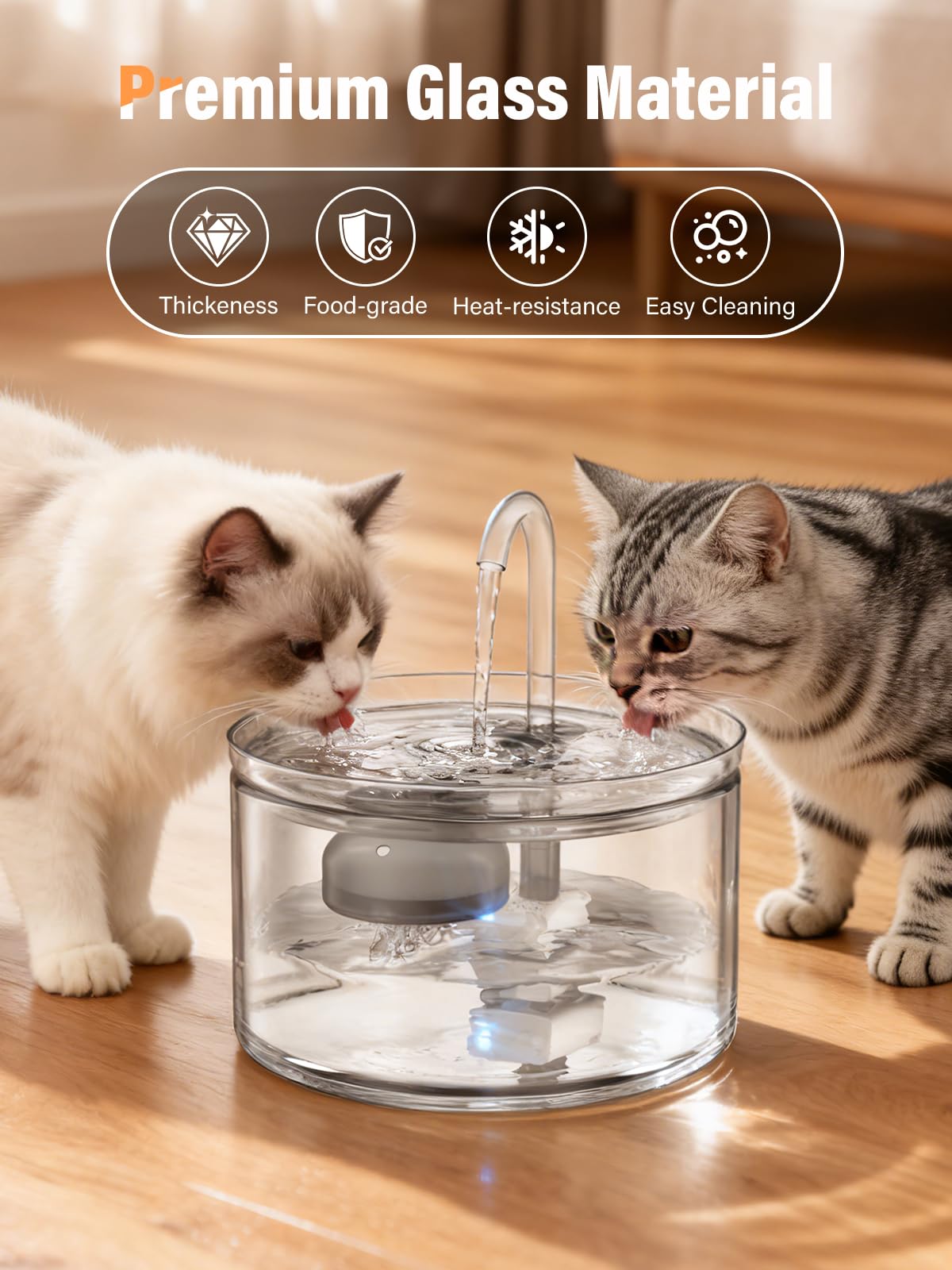 LUVMYPETT glass fountain with quiet pump and LED indicator for low water.