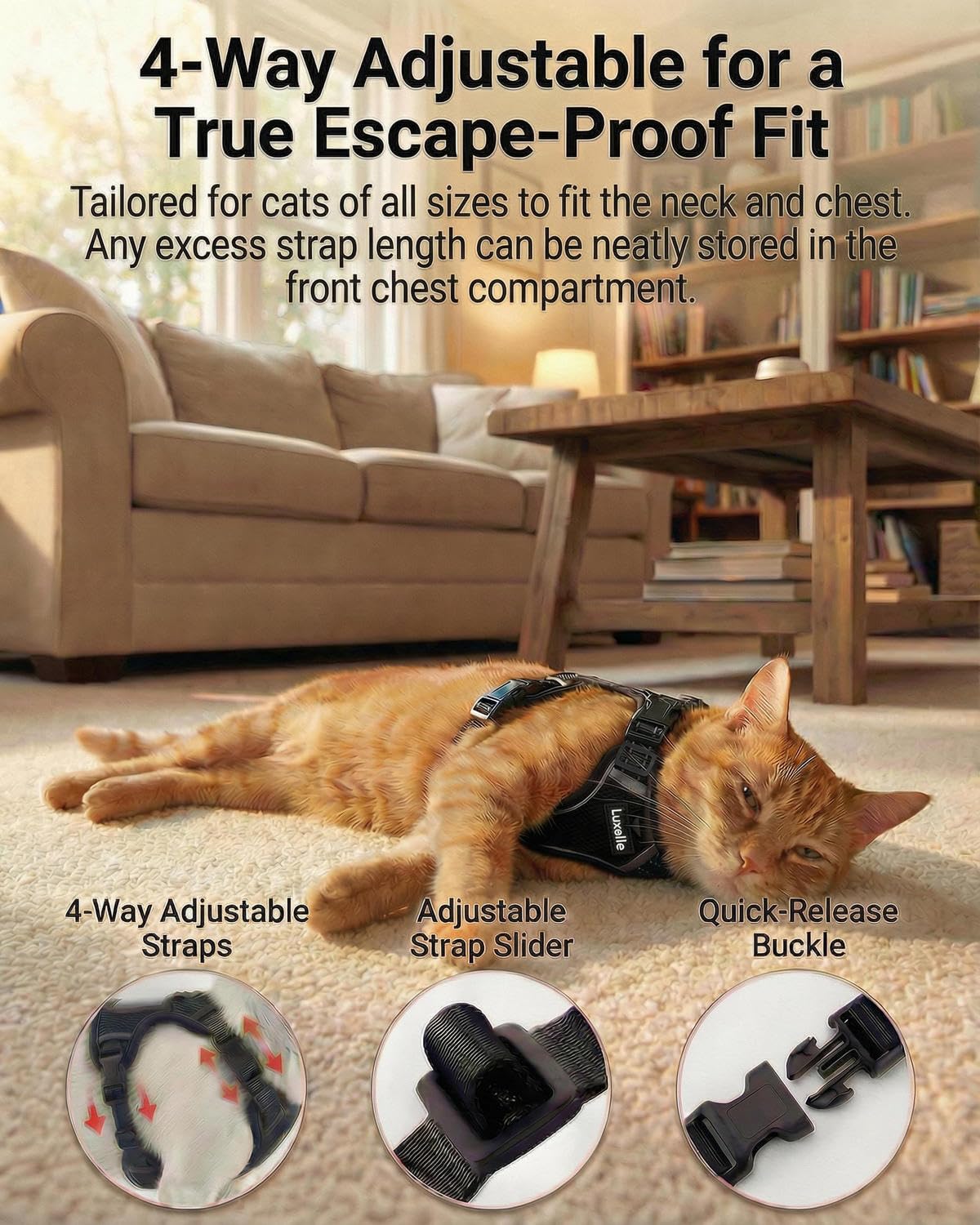 Luxelle escape-proof harness back pocket safely holds a tracker or ID.