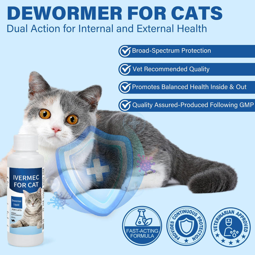 LuxeVib DEWORMER for Cats dosage instructions illustrate simple daily mixing.