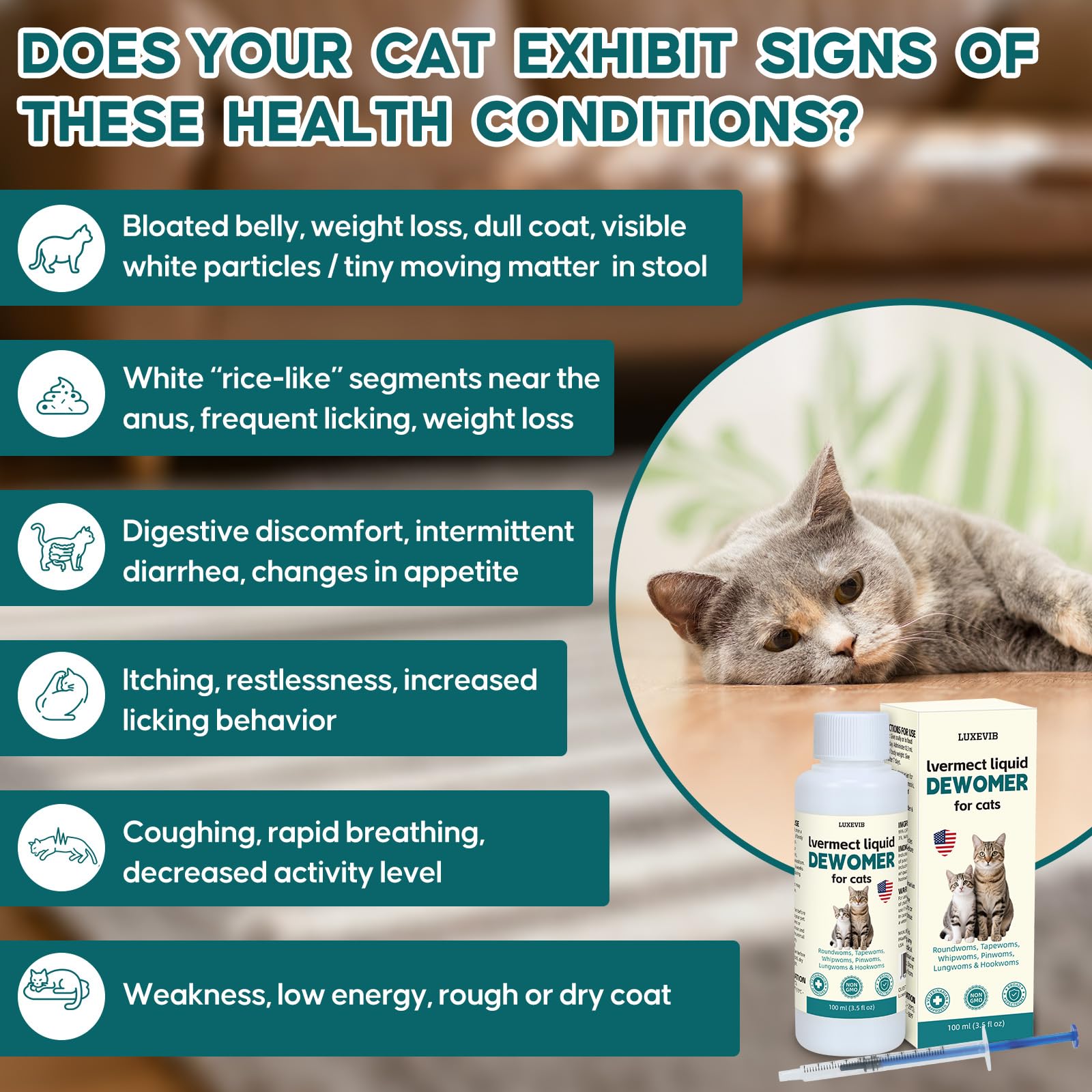 LuxeVib Dewormer bottle closeup highlights clear labeling for confident dosing